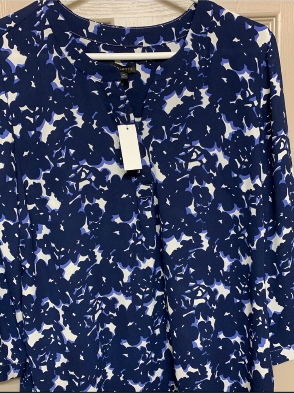 Talbots Navy, White & Periwinkle Floral Print Blouse